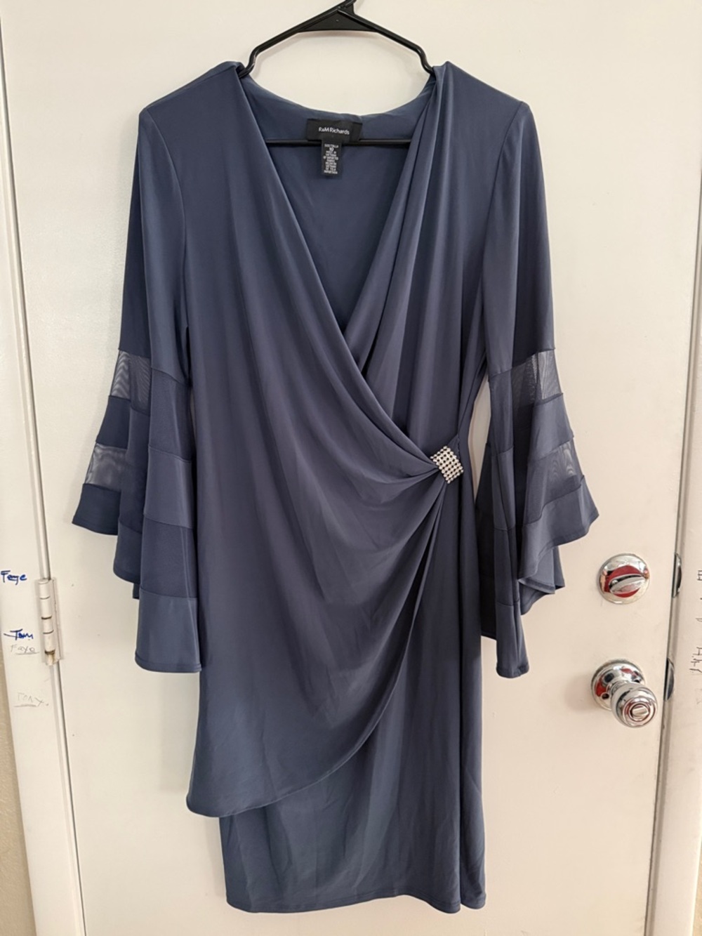 R&M Richards grey Faux-Wrap Dress with Rhinestone Pin and Layered Bell Sleeves